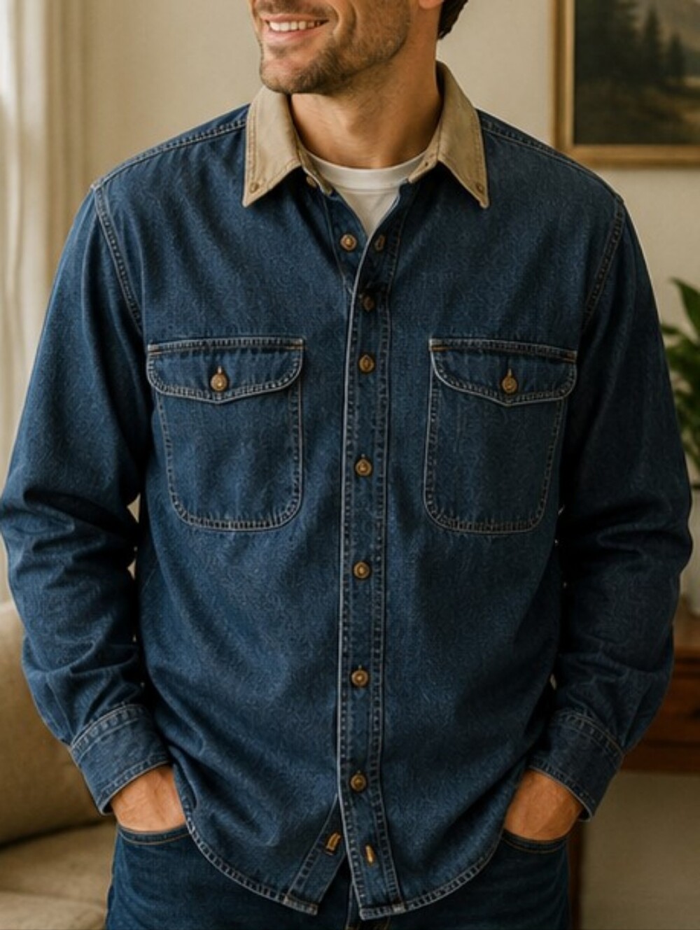 Woolrich Men’s Denim Button-Up Shirt Elbow Patches NWT Large